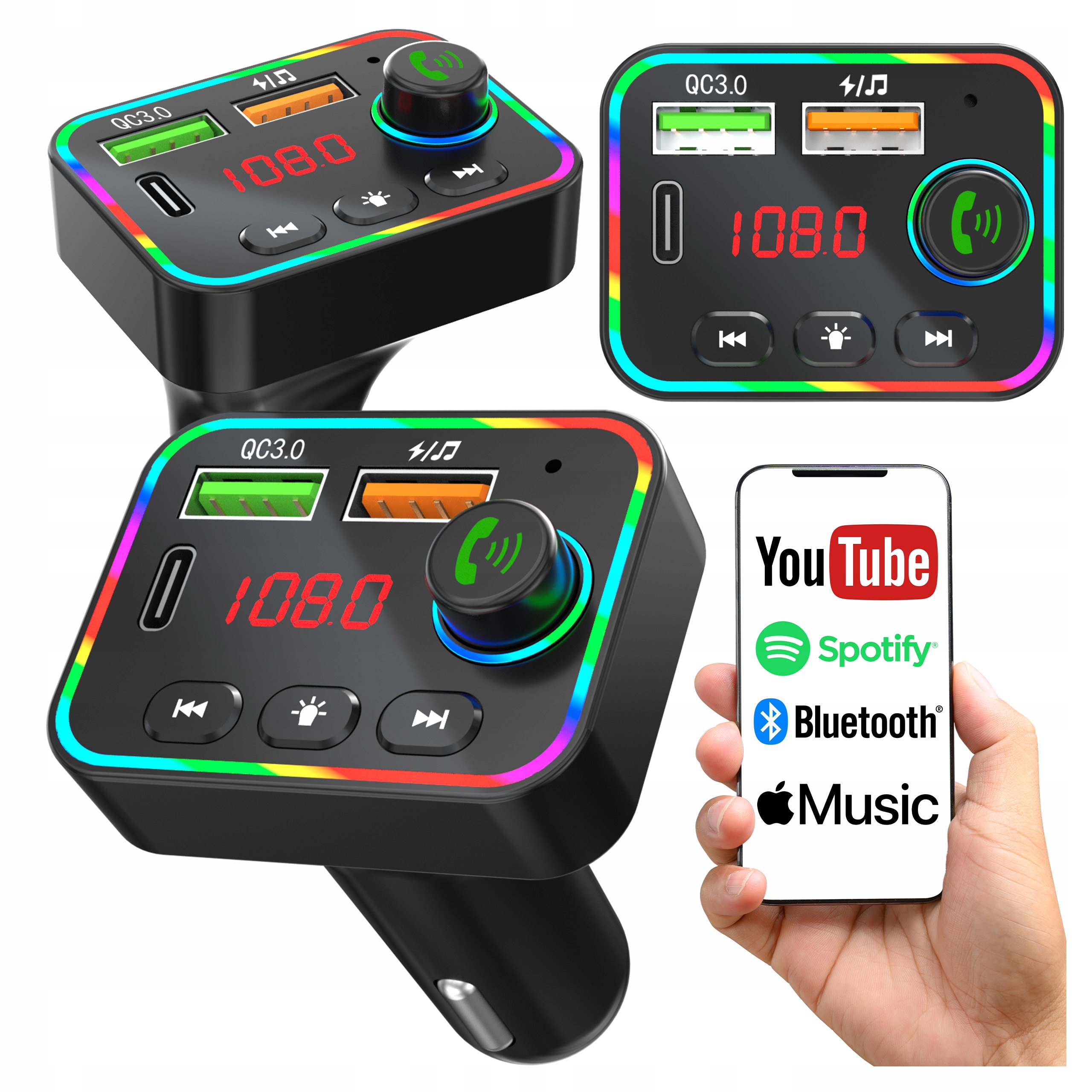 Transmiter Fm Bluetooth Tracer Usb-c Ładowarka 25W Led Rozmowy Do Auta Bt