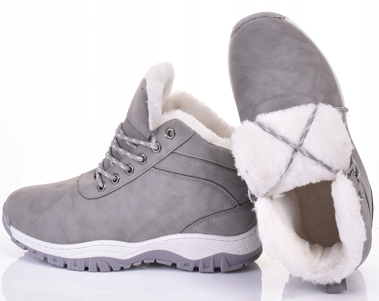 ŚNIEGOWCE DAMSKIE SPORTOWE BUTY ZIMOWE MOCNO OCIEPLONE SKÓRZANE SZARE Kolor szary