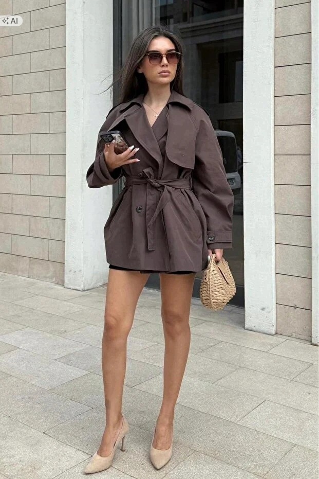 Krátký Oversize Kabát V Hnědém Klasickém Stylu XL 5IA