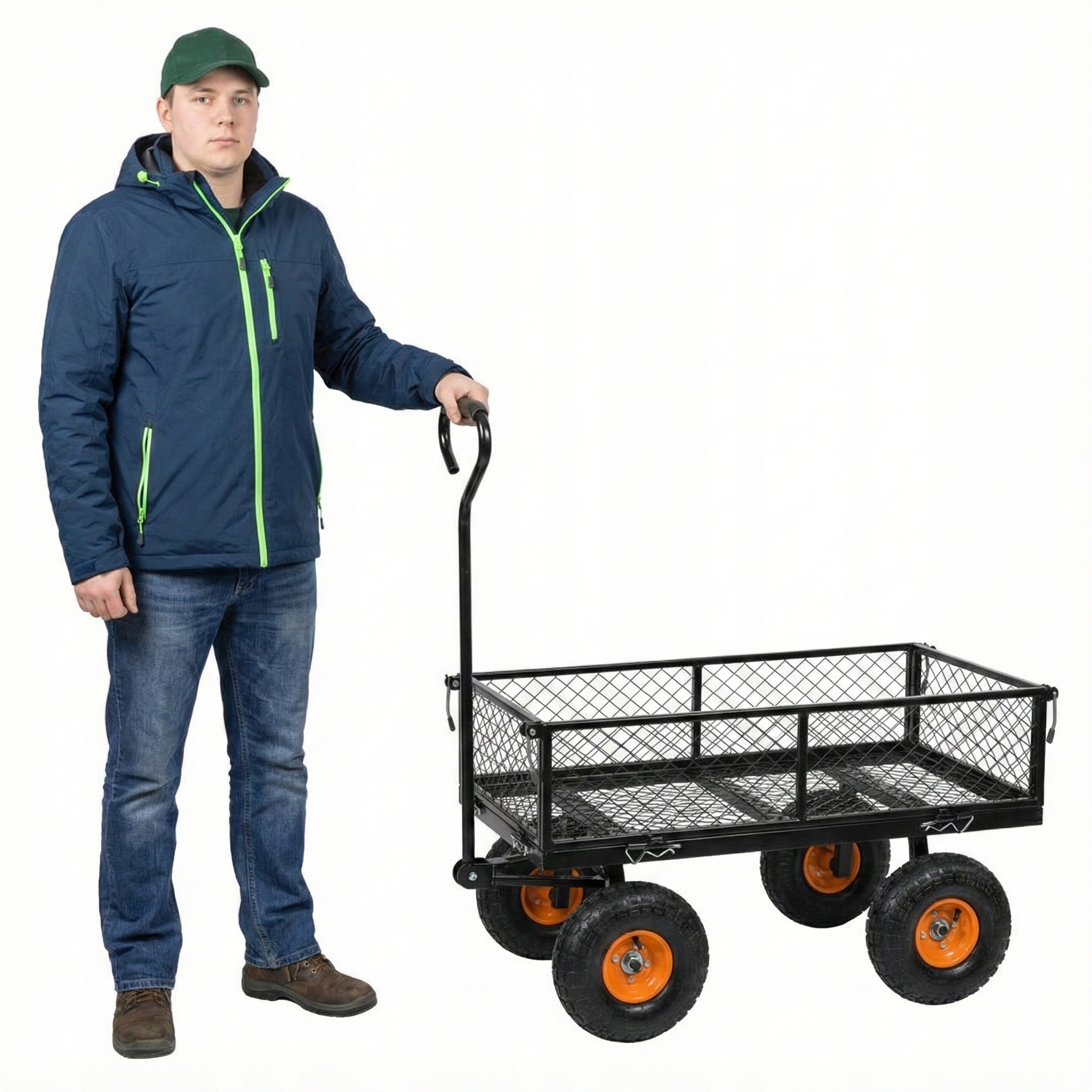 Pevný zahradní vozík z oceli, kovová nafukovací kola, 300 kg Neo