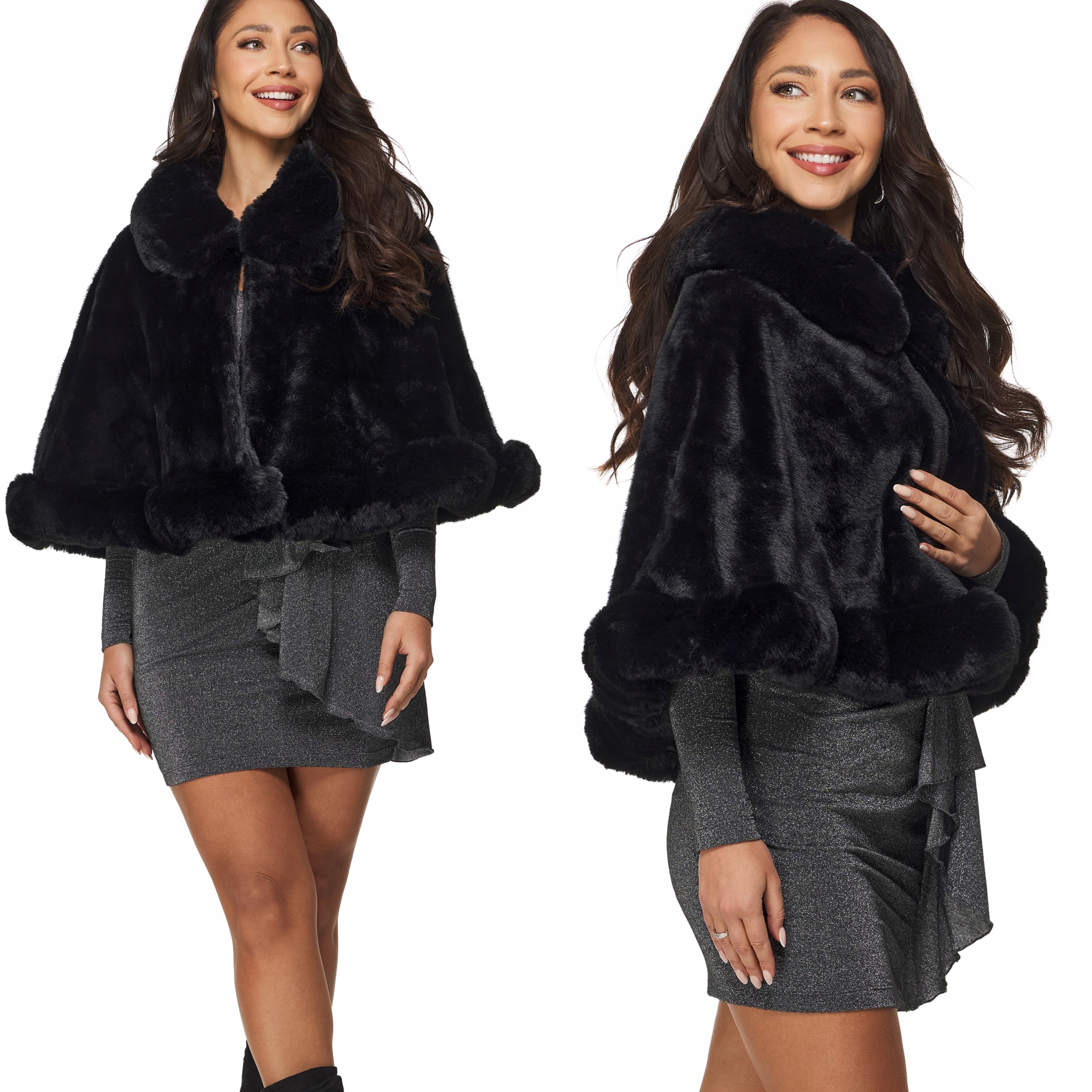 Bolerko Pončo Černá Přehoz Kožešinová přikrývka Šála Boa Kožešinový Límec