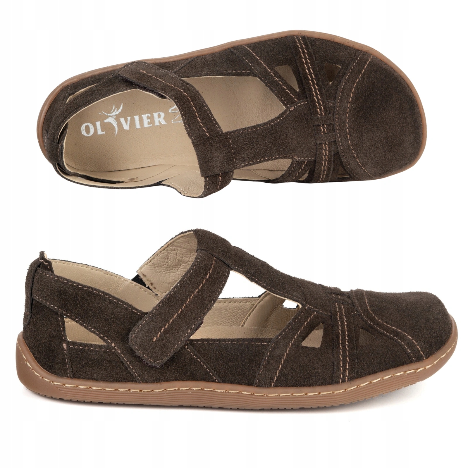 Dámské boty Barefoot polosandály Olivier 1285 na suchý zip hnědá velurová barva 36