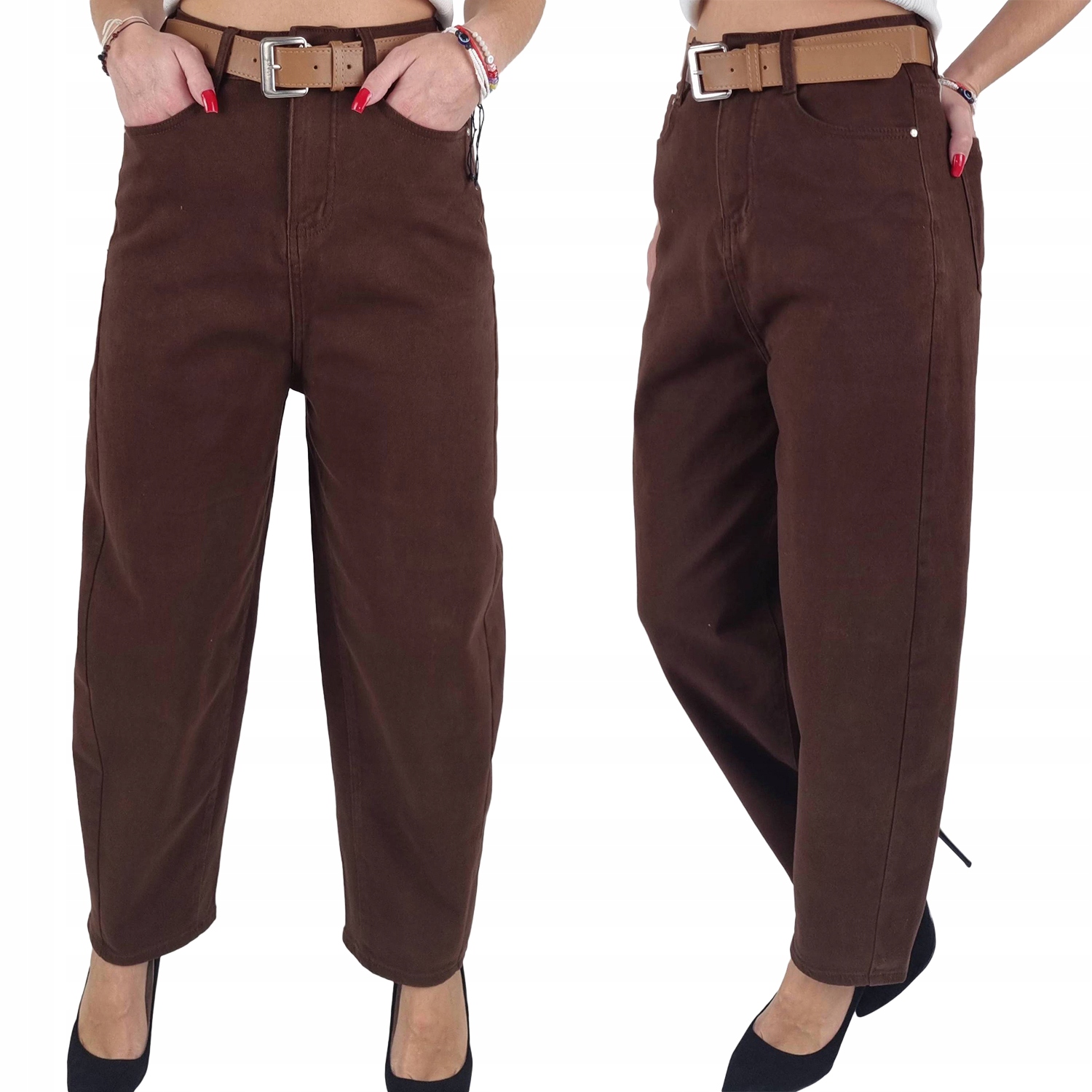 M.sara Balloon Damskie Spodnie Jeansy Brązowe Czekoladowe Wysoki Stan 42