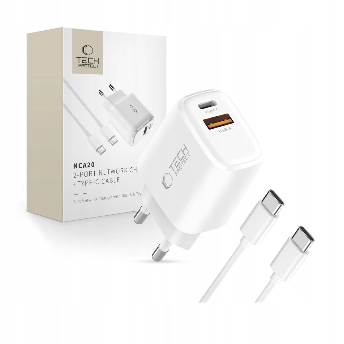 Ładowarka sieciowa 2-port Pd 20W QC3.0 Tech-Protect biała z kablem Usb-c 1m