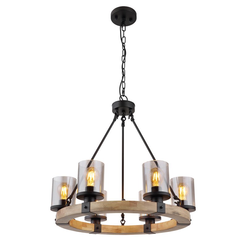 Závesná lampa Lila vintage čierna matná a hnedá drevo 6xE27 60W 230V