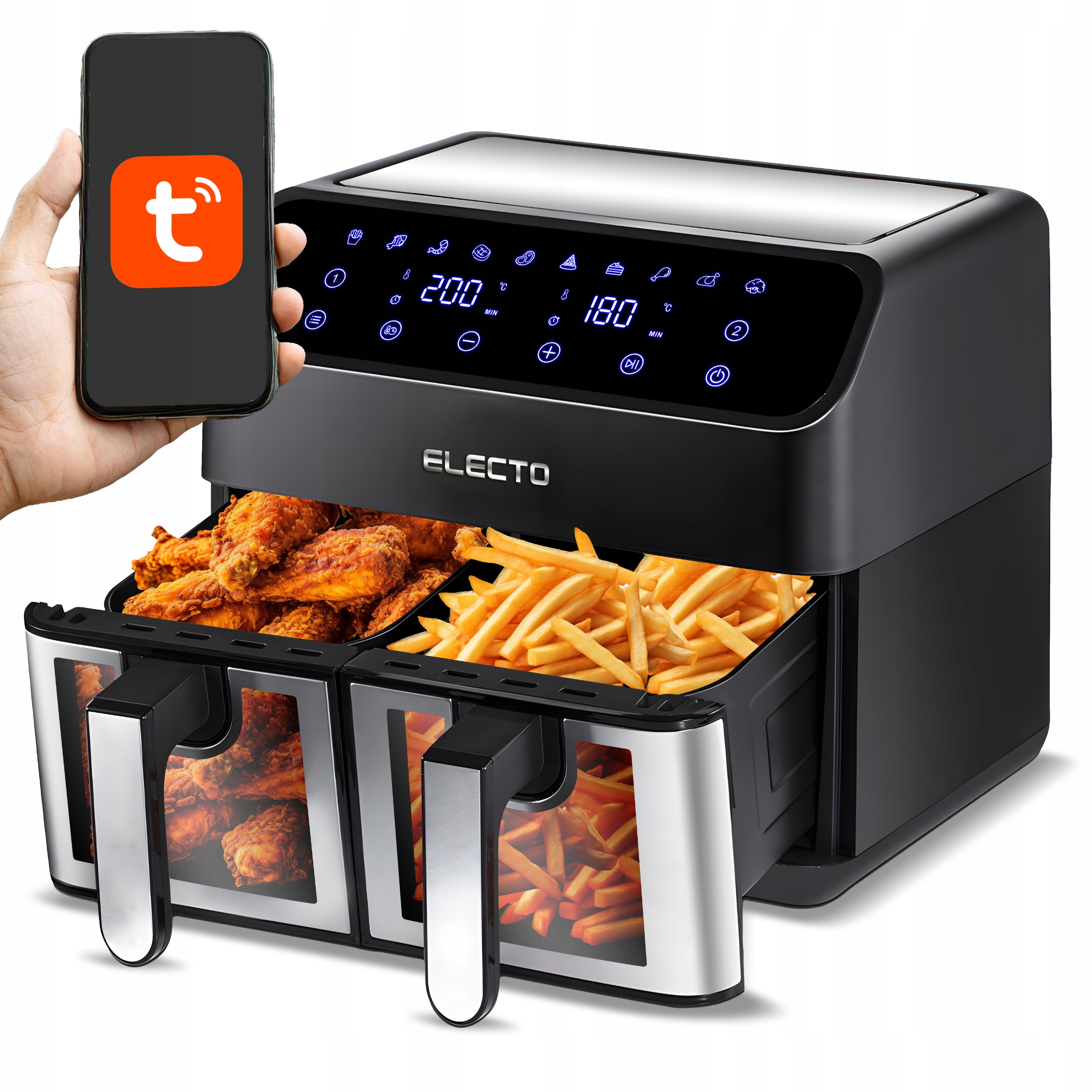 PODWÓJNA FRYTKOWNICA AIR FRYER BEZTŁUSZCZOWA DWUKOMOROWA 8L WIFI APLIKACJA