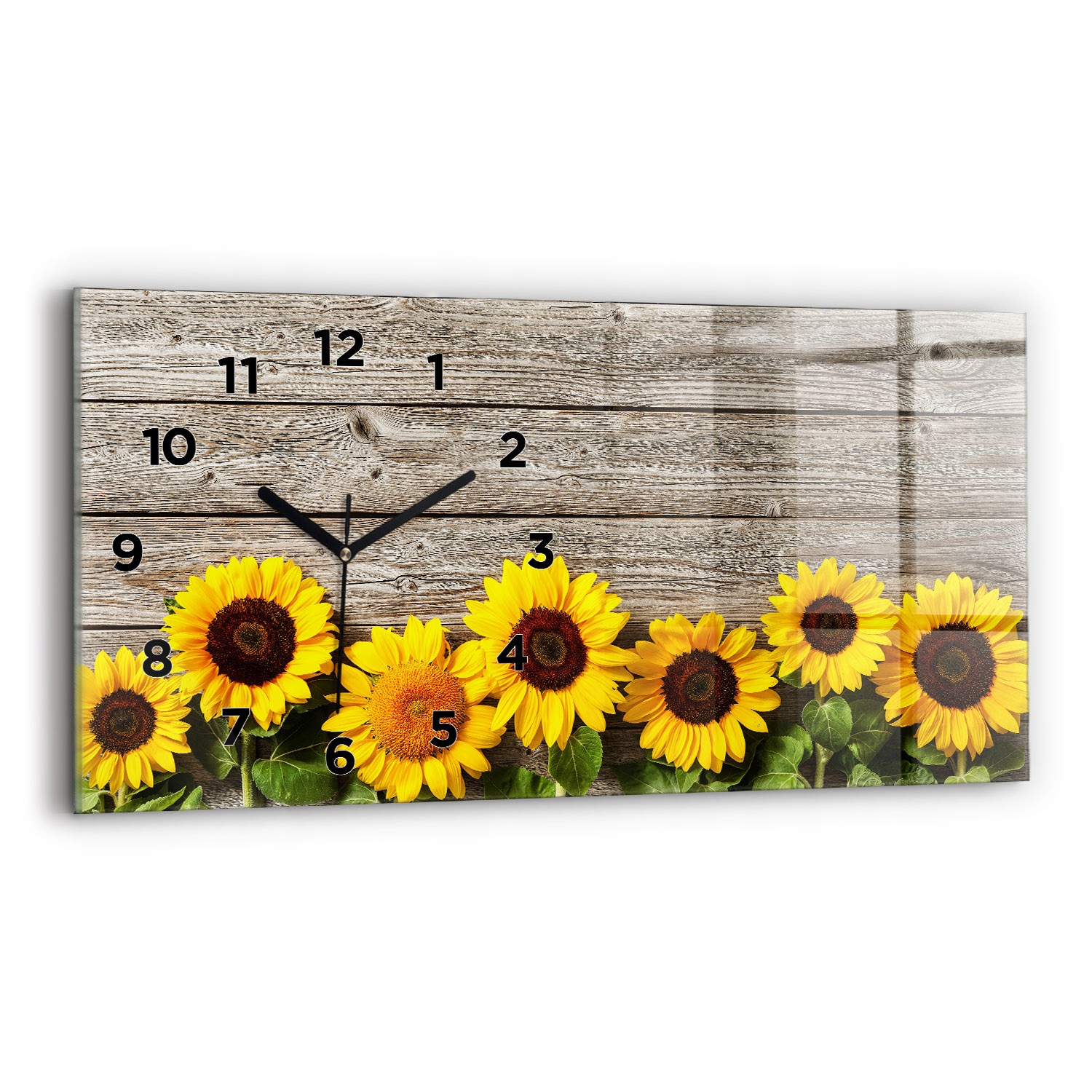 Designové horizontální skleněné hodiny do interiéru s grafikou Slunečnice 60x30 cm