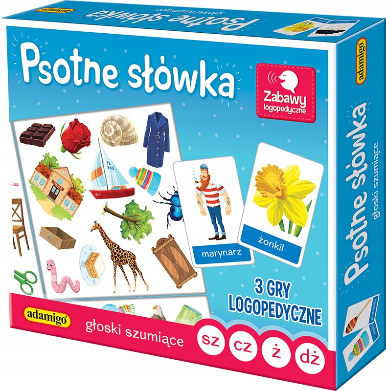 PSOTNE SŁÓWKA GŁOSKI SZUMIĄCE SZ CZ Ż DŻ – 3 GRY LOGOPEDYCZNE – LOGOPEDIA Wydawca Adamigo