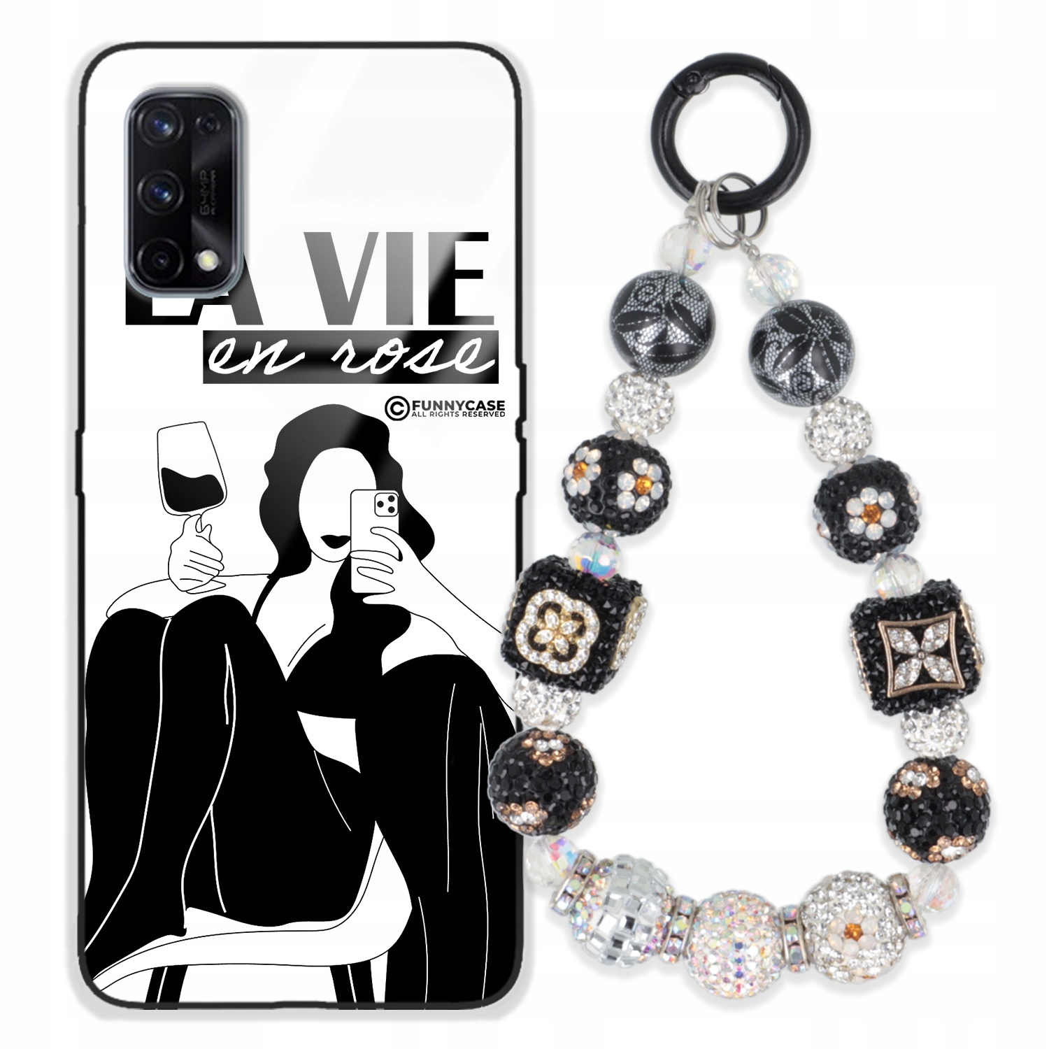 Puzdro Pre Realme X7 Glass Ženské Čierno-biele Prívesok Strieborný Zirkónový Vzor