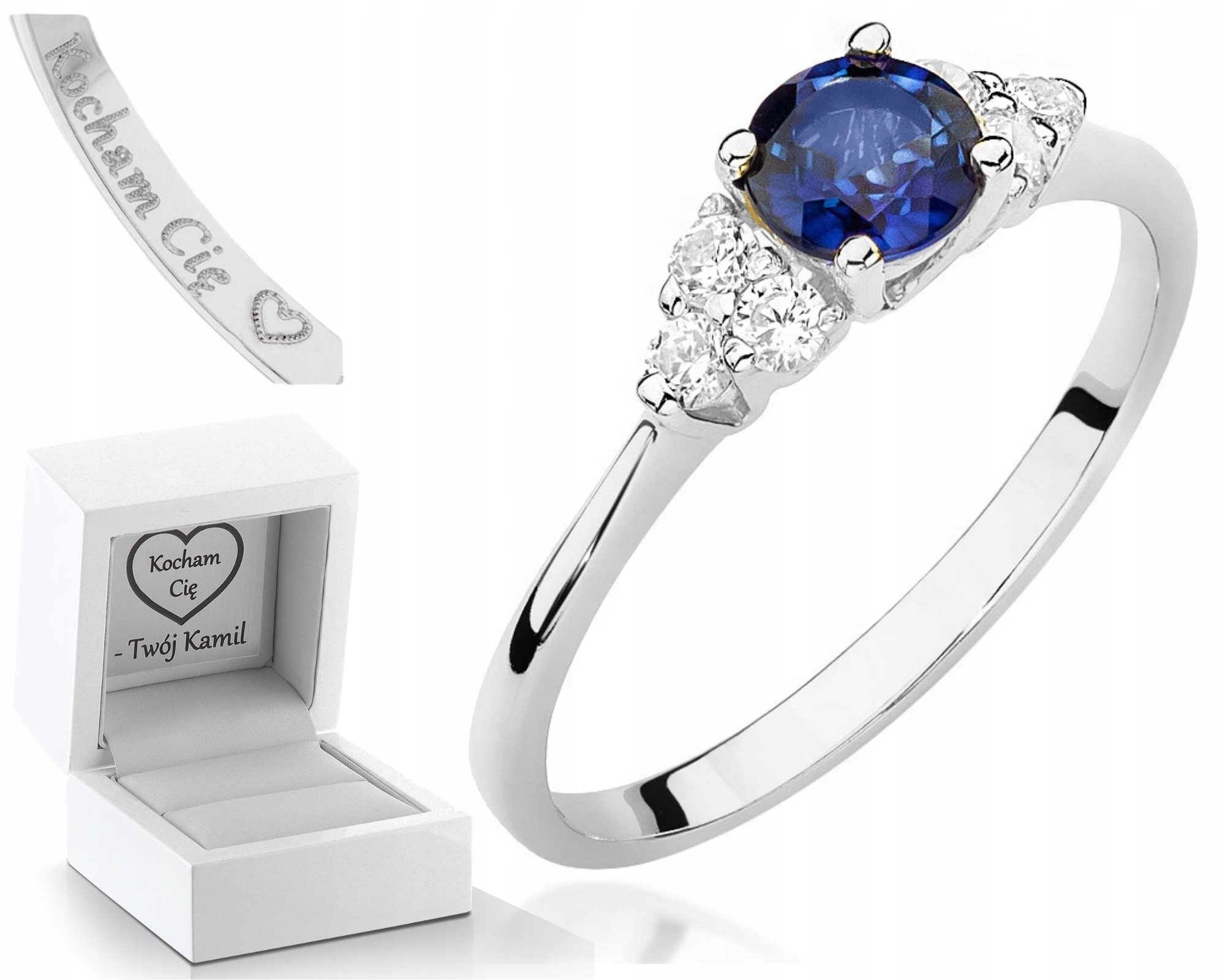 Prstýnek Z Bílého Zlata S Safírem Gravírování 585