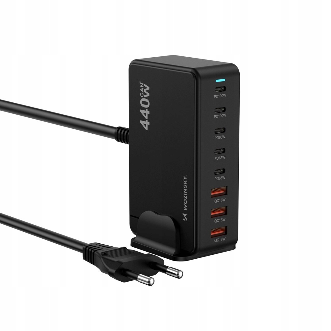 Stacja ładująca biurkowa 3x Usb-a 5x Usb-c GaN QC3 440W czarna