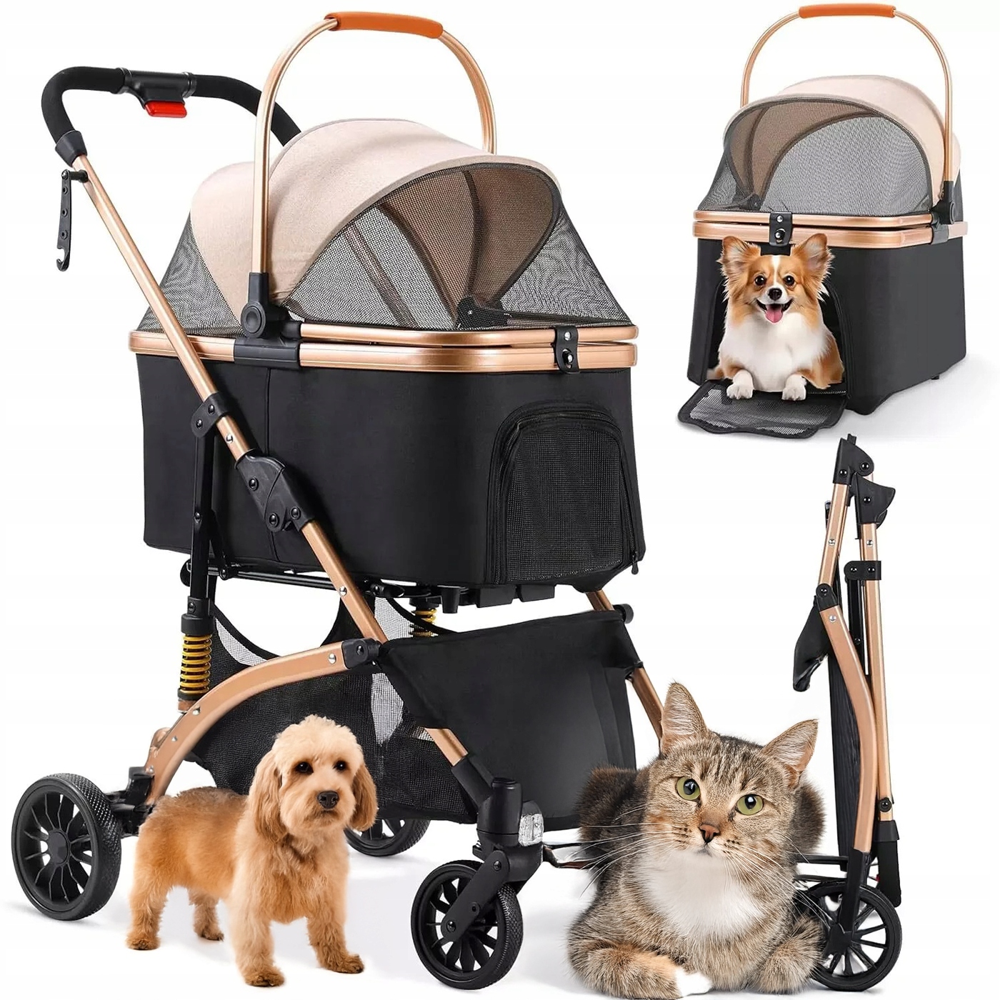 Vozík pro psa kočku 2v1 Skládací Přepravka 40 kg Odpružení Gumová kola
