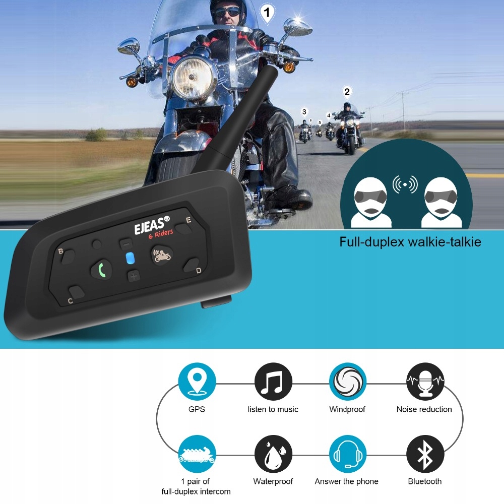 2X INTERKOM MOTOCYKLOWY EJEAS V6 PRO FM 6 RIDERS WODOODPORNY 1200M Typ połączenia Bluetooth