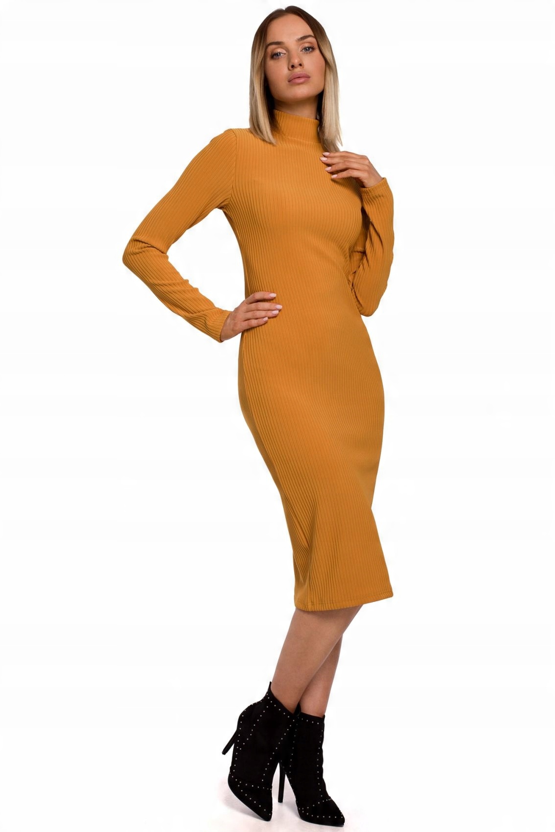 

M542 Sukienka dopasowana z półgolfem musztarda XXL