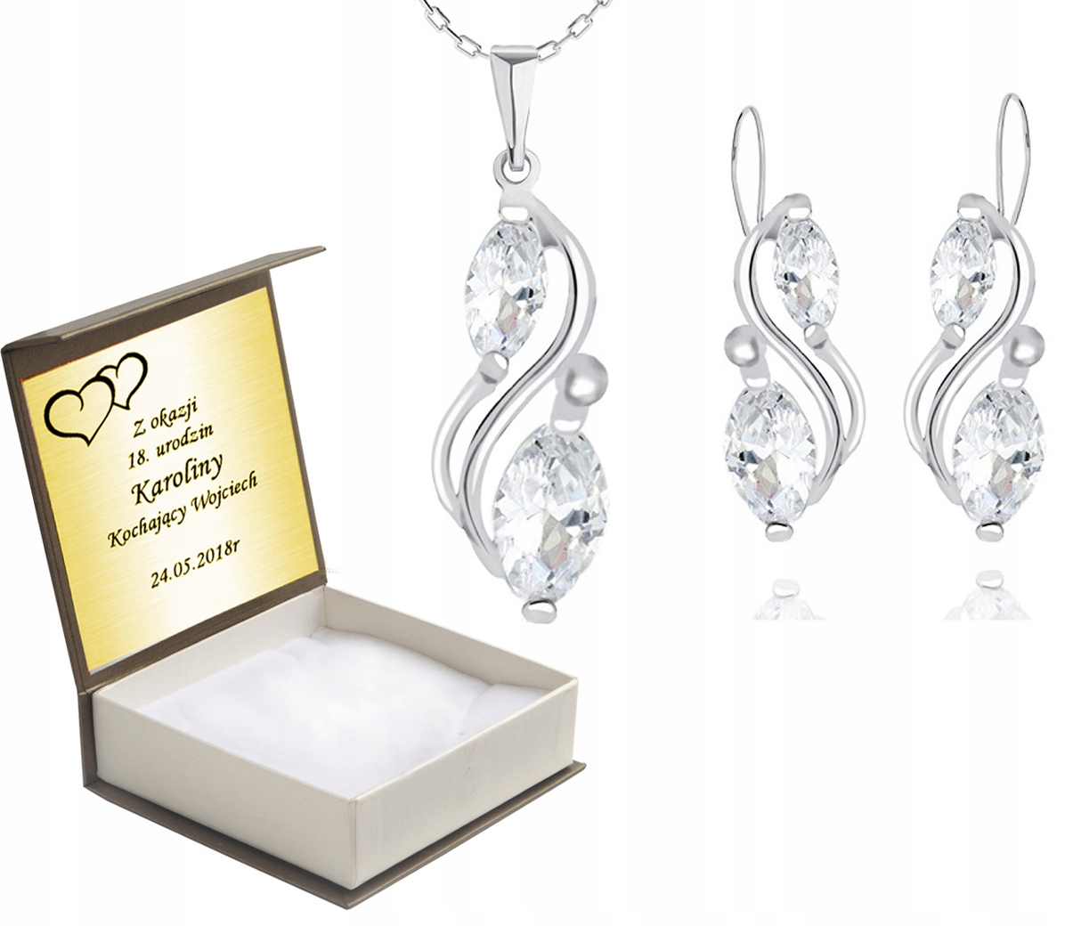 

Komplet Biżuterii Srebrnej Z Cyrkoniami + Grawer