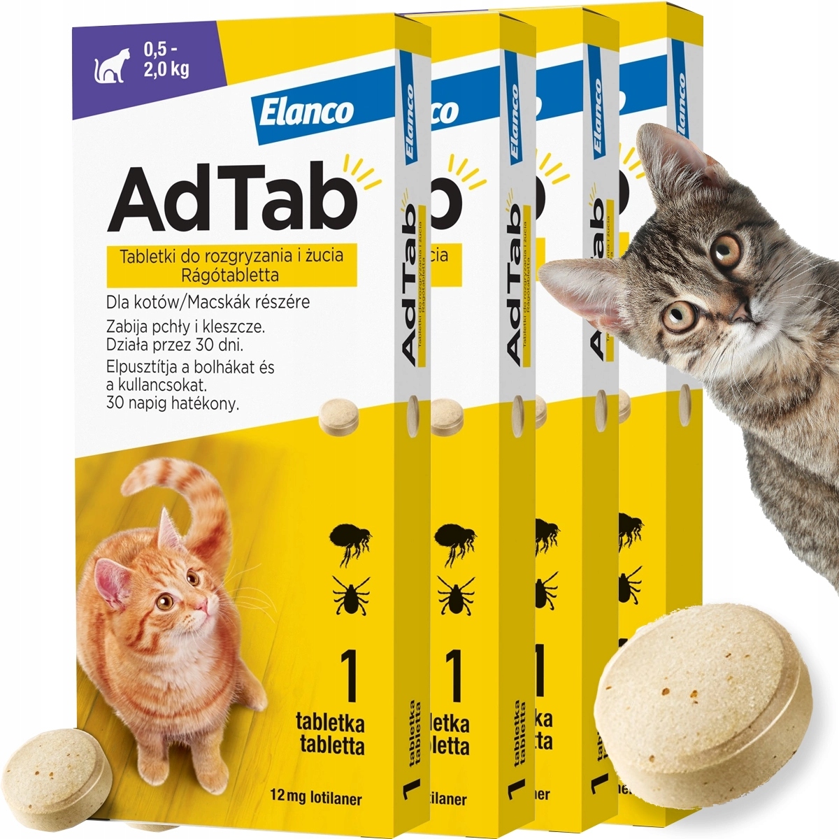 4 x Tabletka Ad tab dla małego Kota do 2 kg na Kleszcze Pasożyty na 120 dni