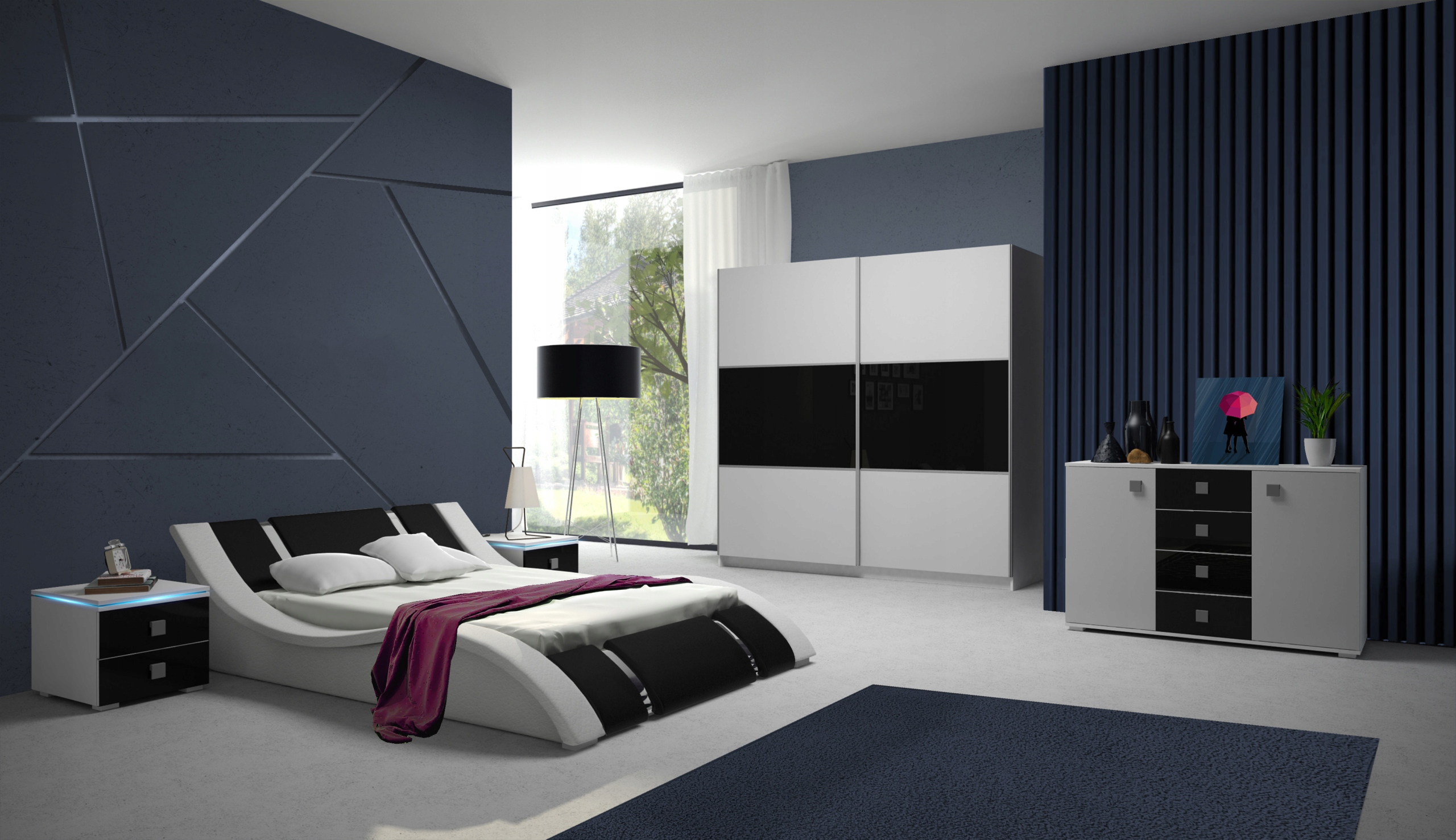 KOMPLET SYPIALNI RUBIN BIAŁO-CZARNA ŁÓŻKO 160x200