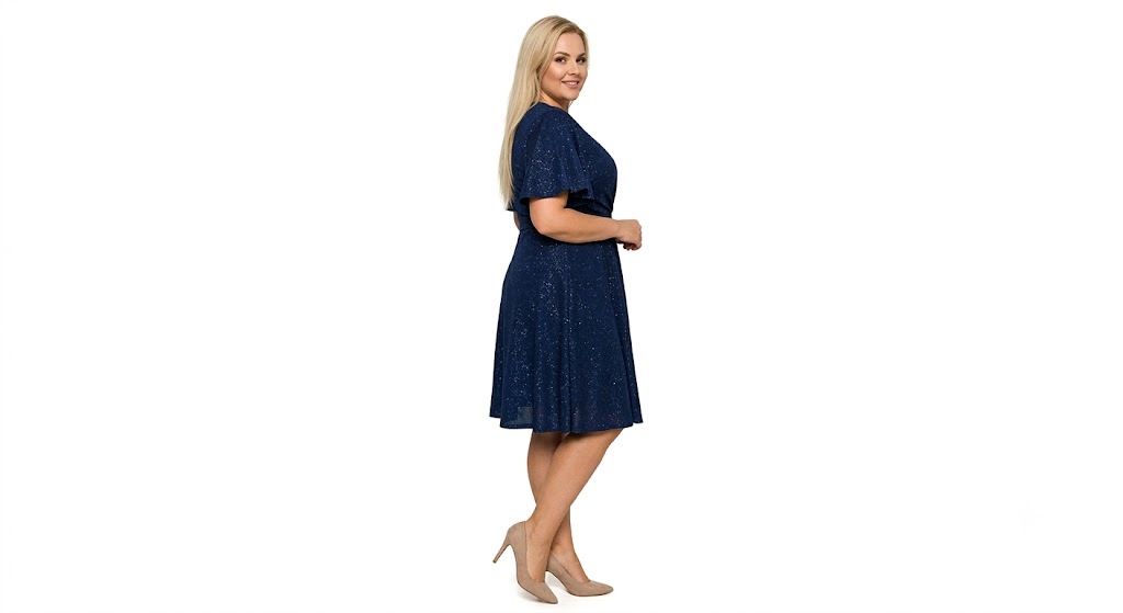 N684 Šaty společenské krátké, svatební třpytky, Chrpa plus size vel.48