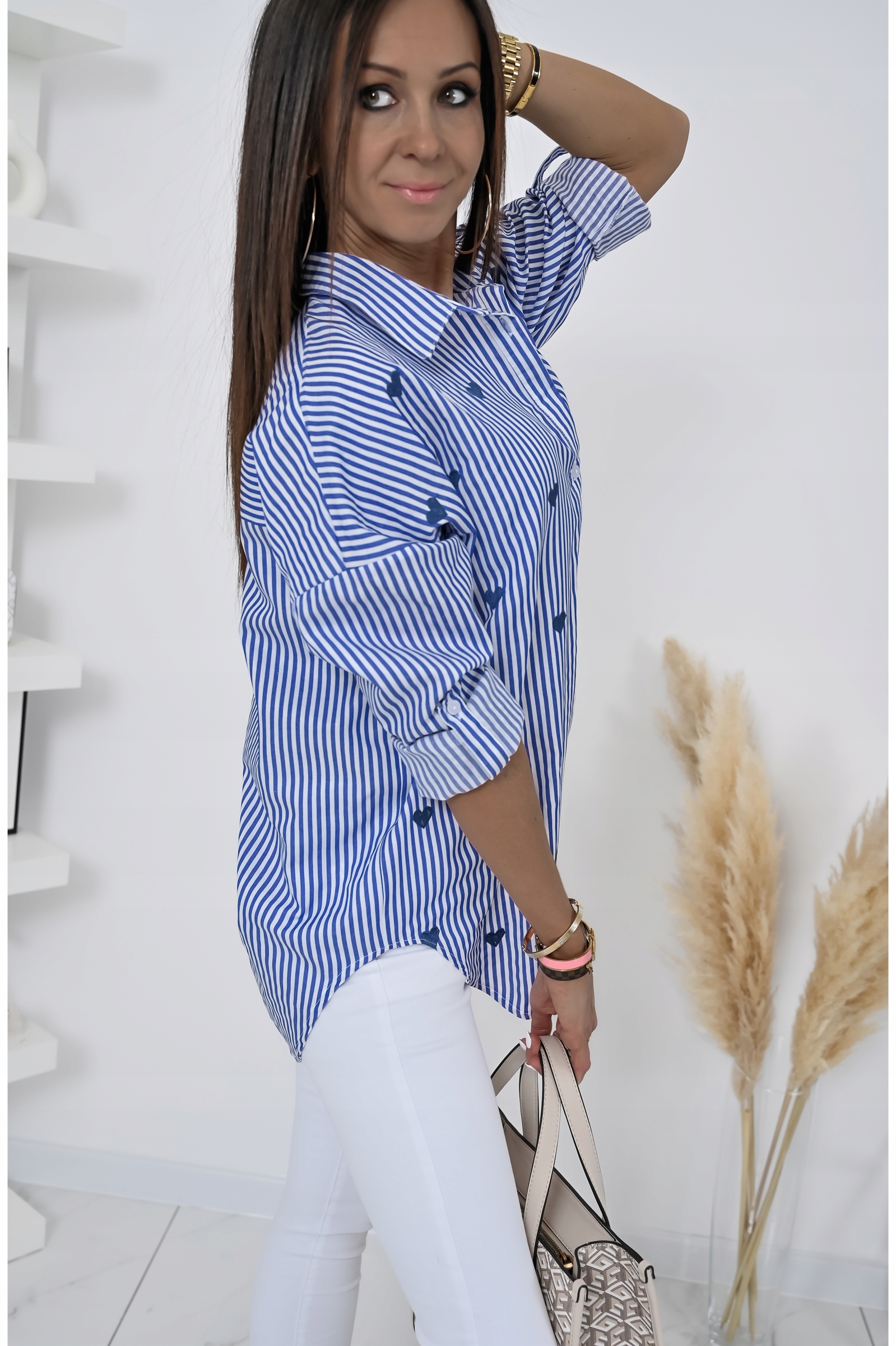 CASUALOWA KOSZULA OVERSIZE W PASKI FLAVINE! WZ.3 M Kolor niebieski