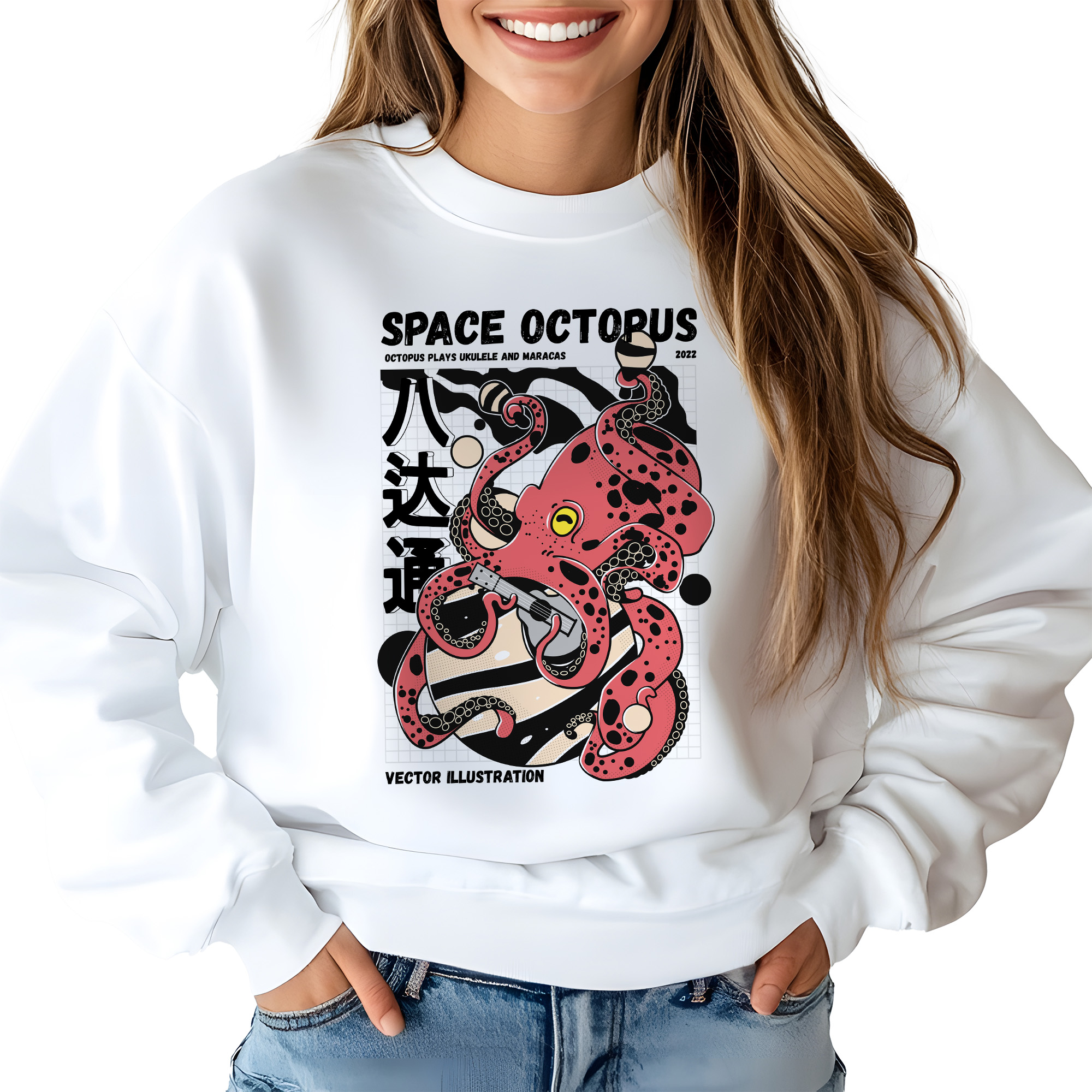 Mikina Bílá Space Octopus Pohodlná Stylová Japonsko Čína Jídlo M