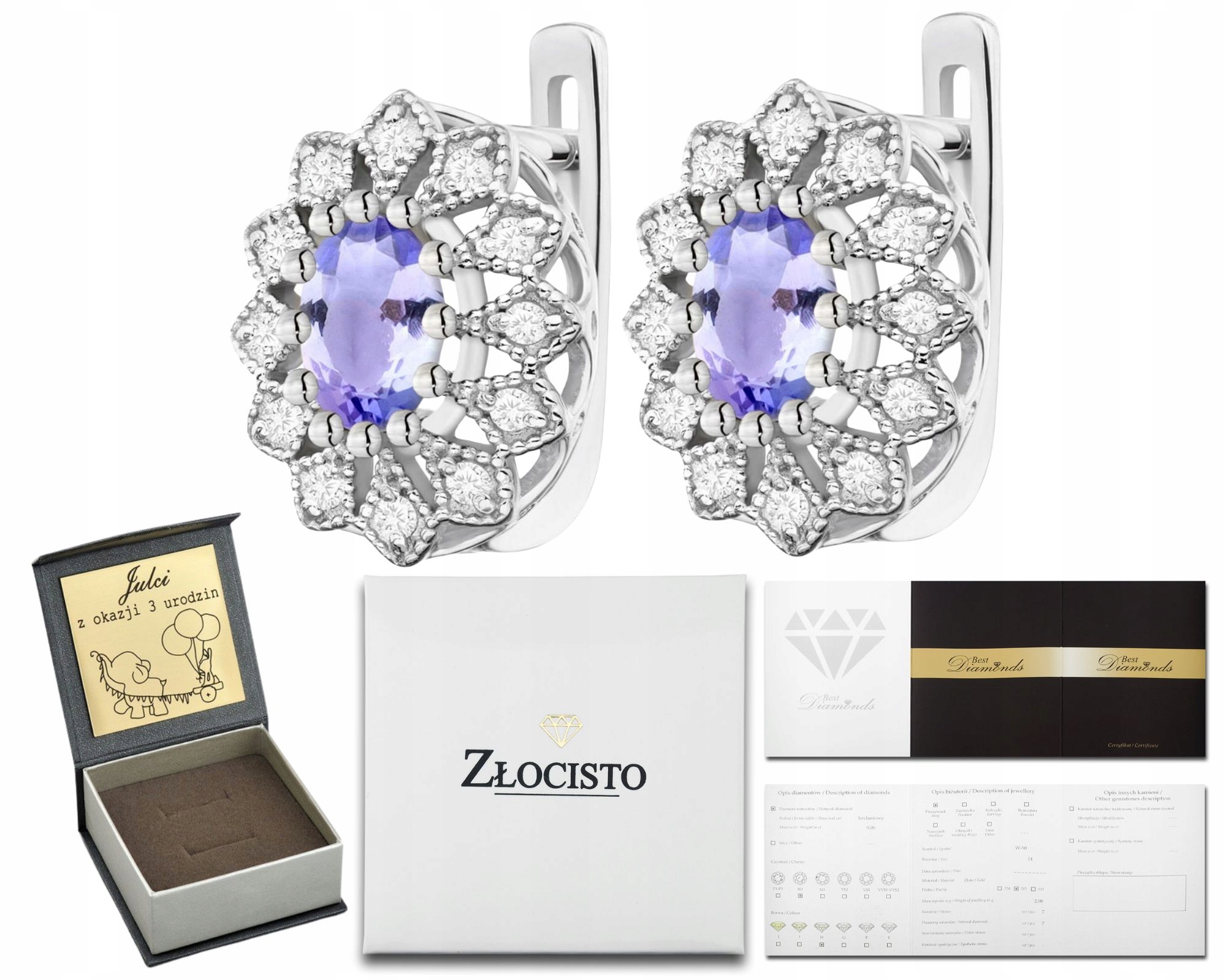 Náušnice z bílého zlata s tanzanity a diamanty 585 14K Zlato Ryzost Dárek