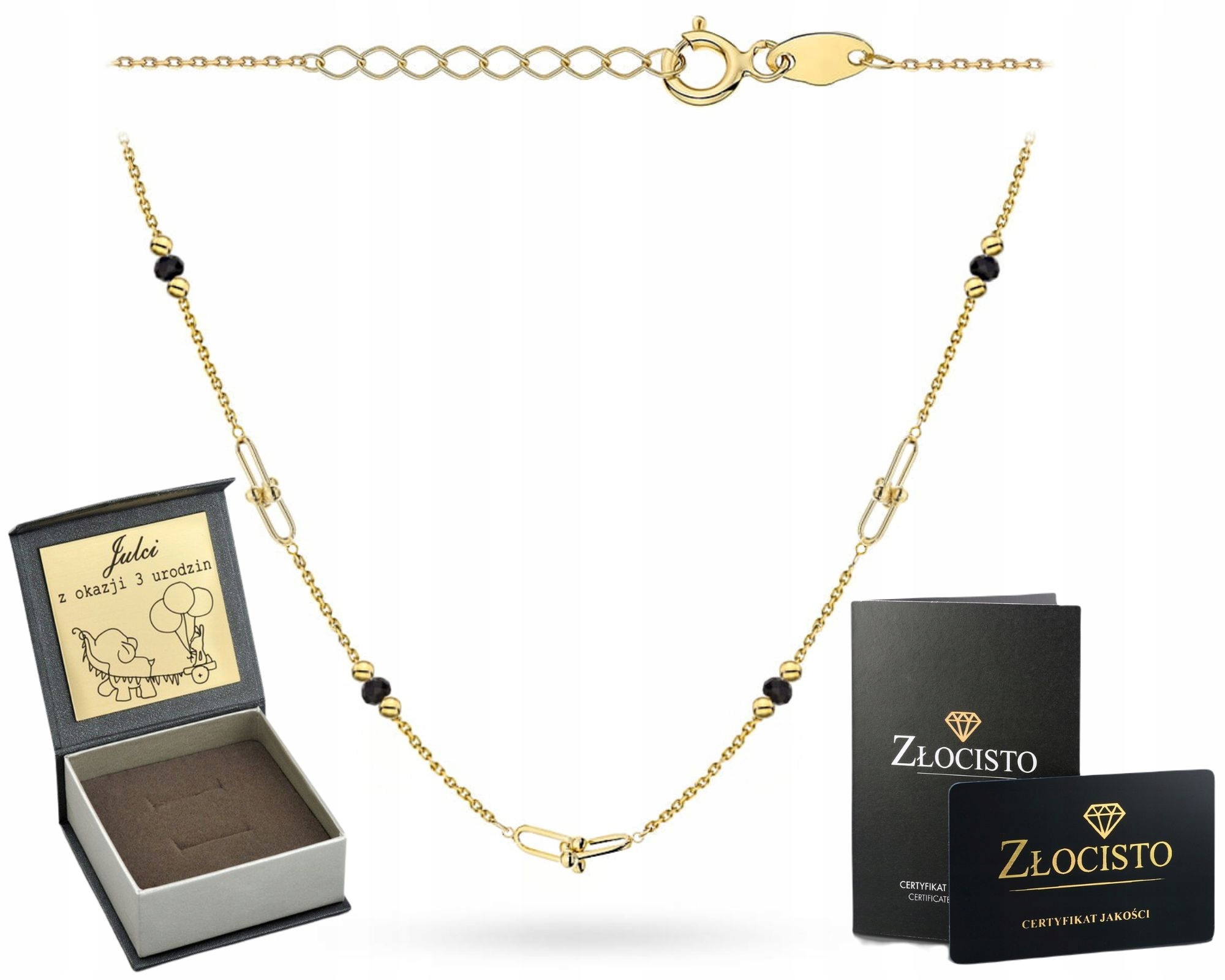 Zlatý Náhrdelník Spletené Články Hladké Kuličky Černý Kámen Zlato 585