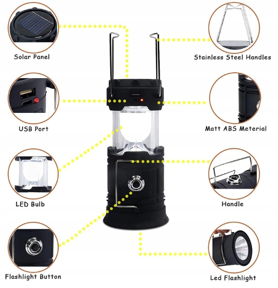 SOLARNA LAMPA WIELOFUNKCYJNA USB LED AKUMULATOROWA survival kemping Moc 6 W