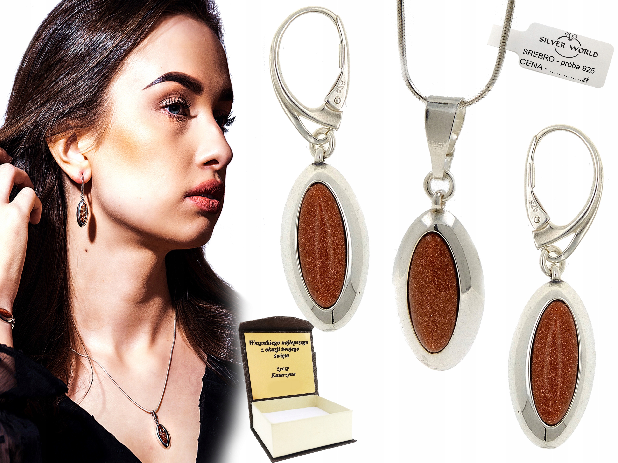 

Komplet Biżuterii Srebrnej.piasek Pustyni +Grawer