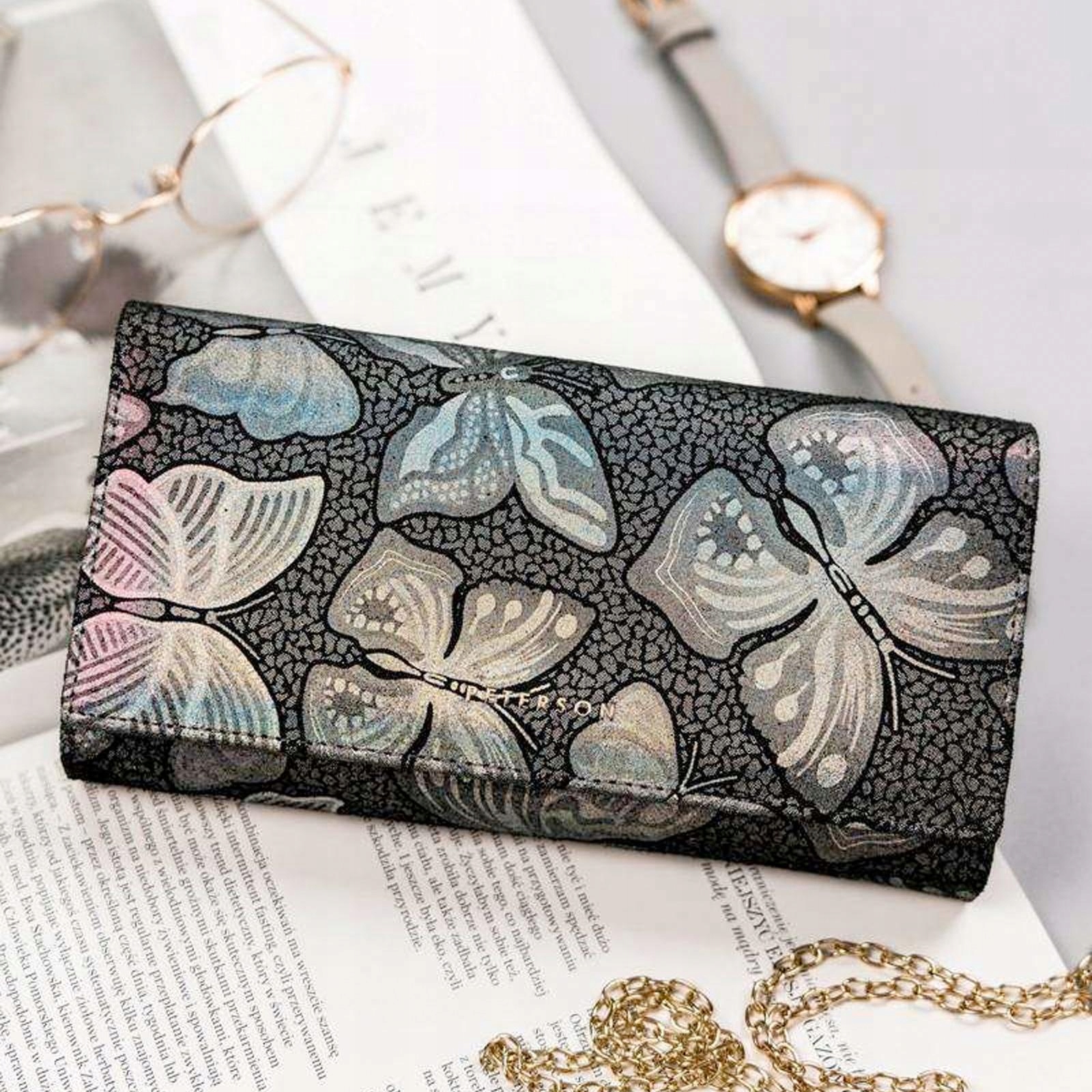 Peterson Dámská kožená peněženka vzorovaná motýli elegantní popel