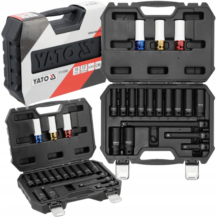 Yato Nasadki Udarowe Do Kół Długie 1/2" 10-24MM 18EL. Zestaw Nasadek