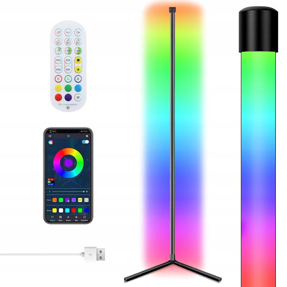 LAMPA PODŁOGOWA STOJĄCA NAROŻNA LED RGB 150CM PILOT APLIKACJA SENSOR MUZYKI
