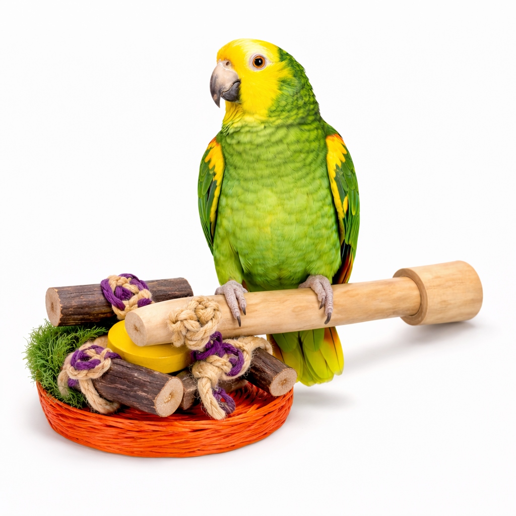 Žerď Java s hračkami L Výjimečný kousek přírody pro velké papoušky