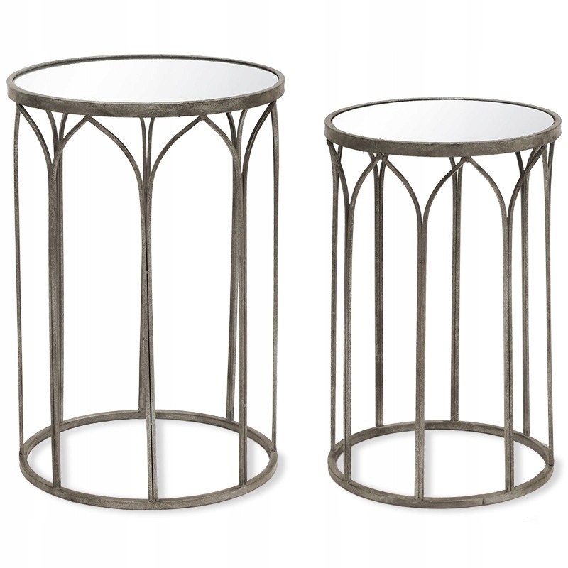 2 x Strieborný okrúhly kovový Konferenčný Stolík, bočný Retro Loft, doska Lusto