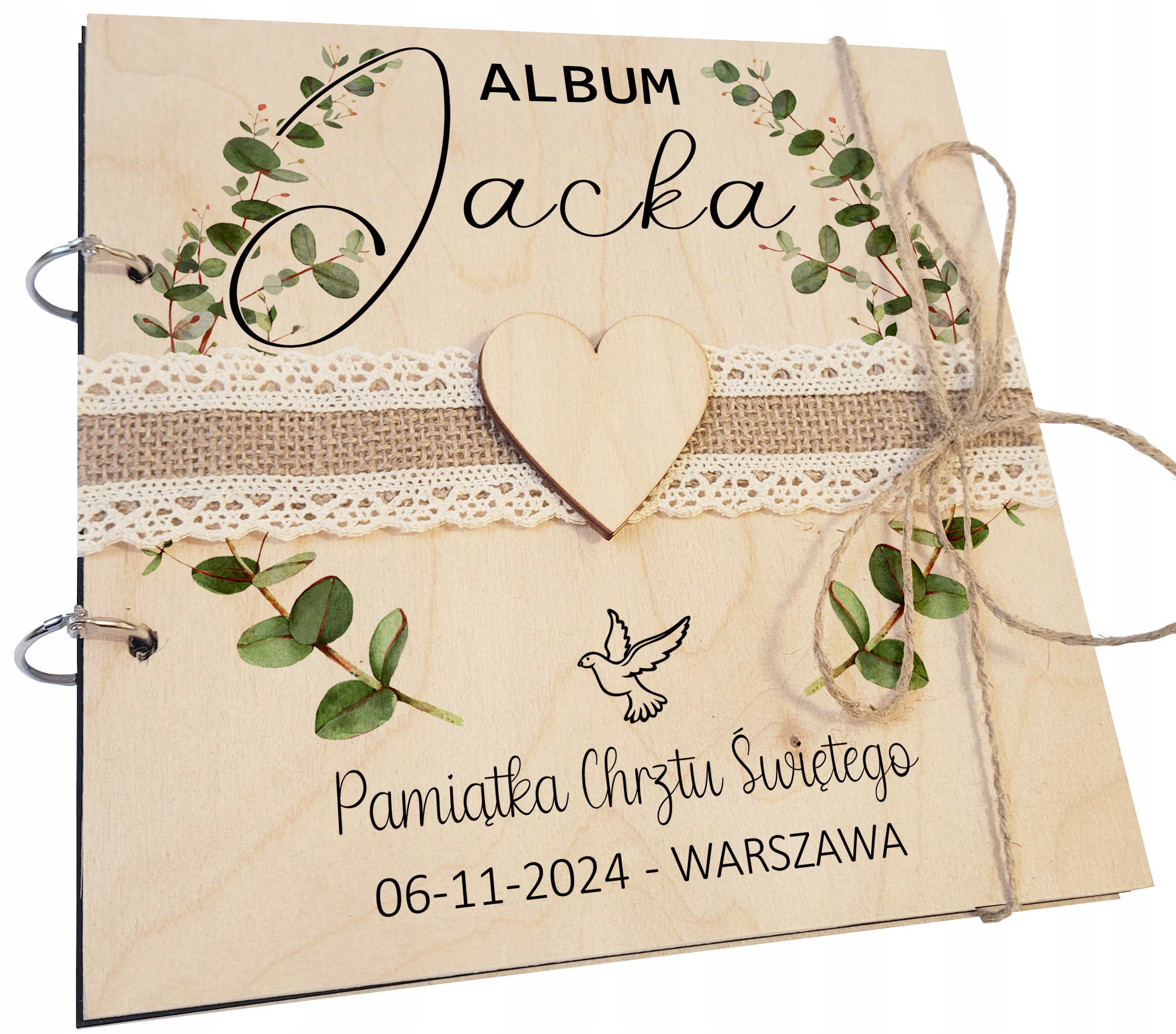 DREWNIANY ALBUM NA ZDJĘCIA CHRZEST PAMIĄTKA CHRZTU CHRZCINY