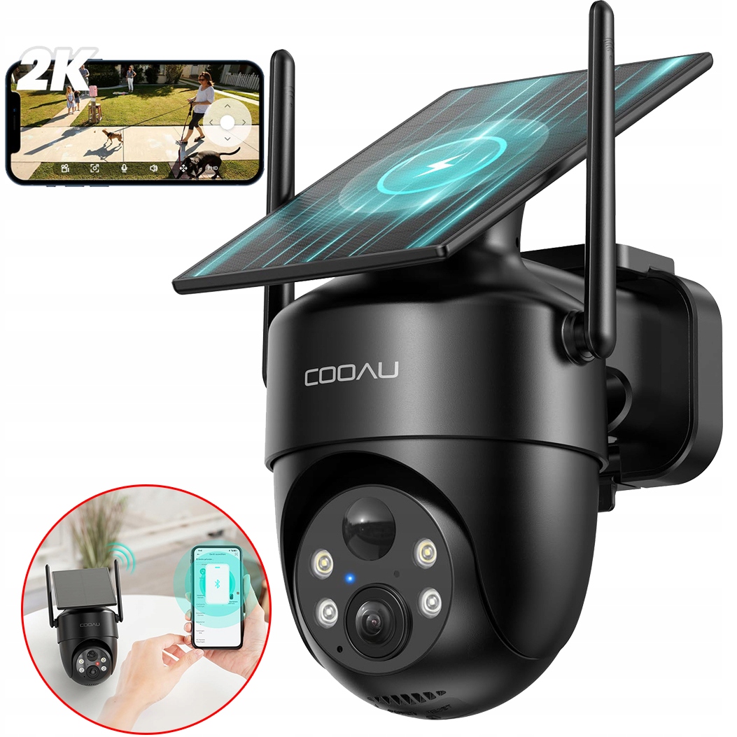 Venkovní Solární Wifi Bezdrátová Kamera 2K Otočná O 360° 3MPX Černá