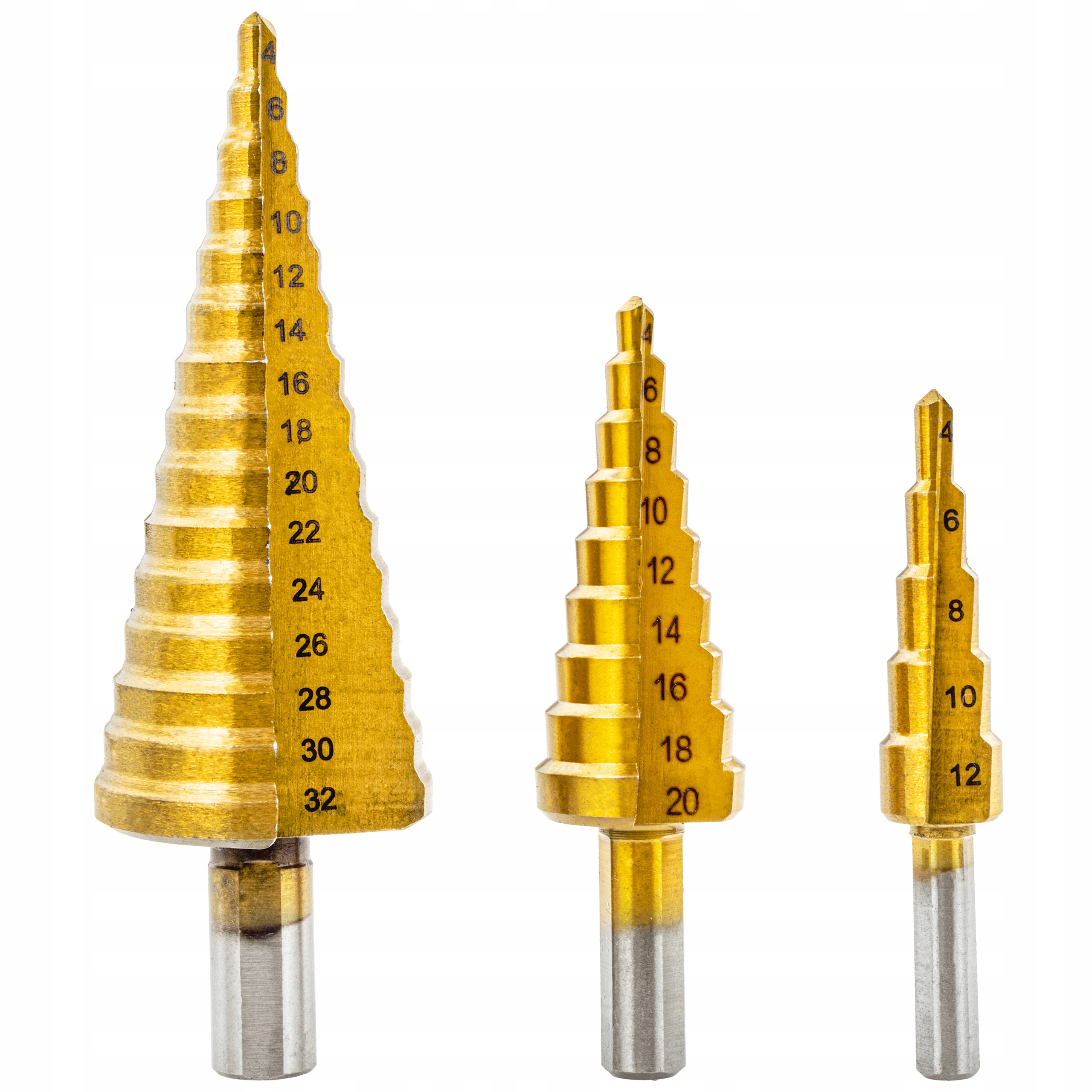 WIERTŁO WIERTŁA STOPNIOWE STOŻKOWE 3 SZTUKI TYTAN ZESTAW 4-32 + ETUI Stan opakowania oryginalne