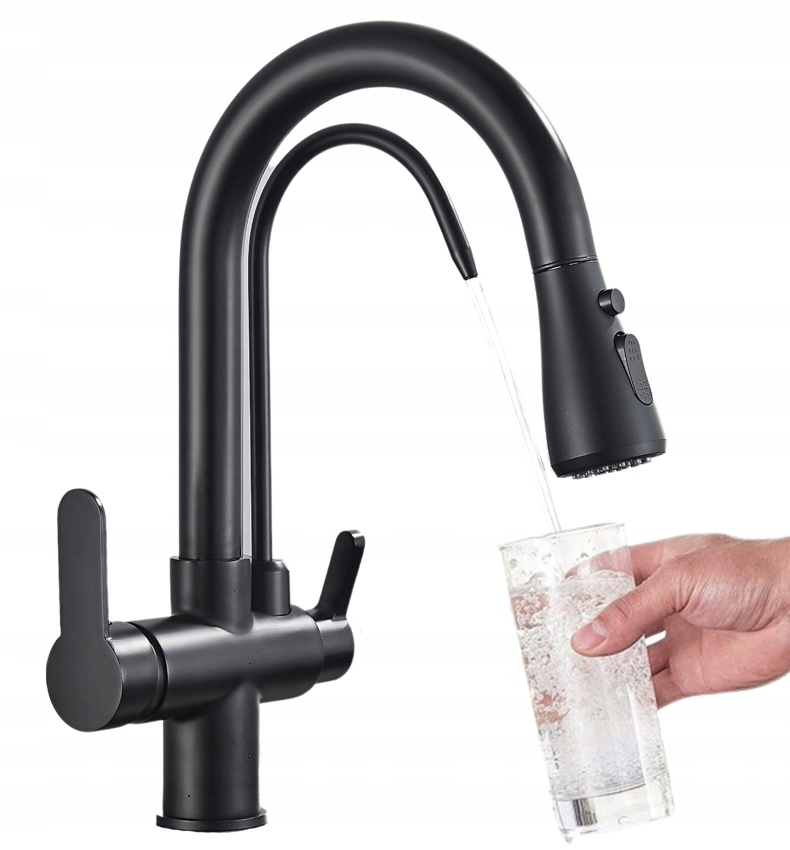 Kuchyňská baterie Třícestná Filtr Černá Výsuvný Flexibilní Ramínko Kohoutek