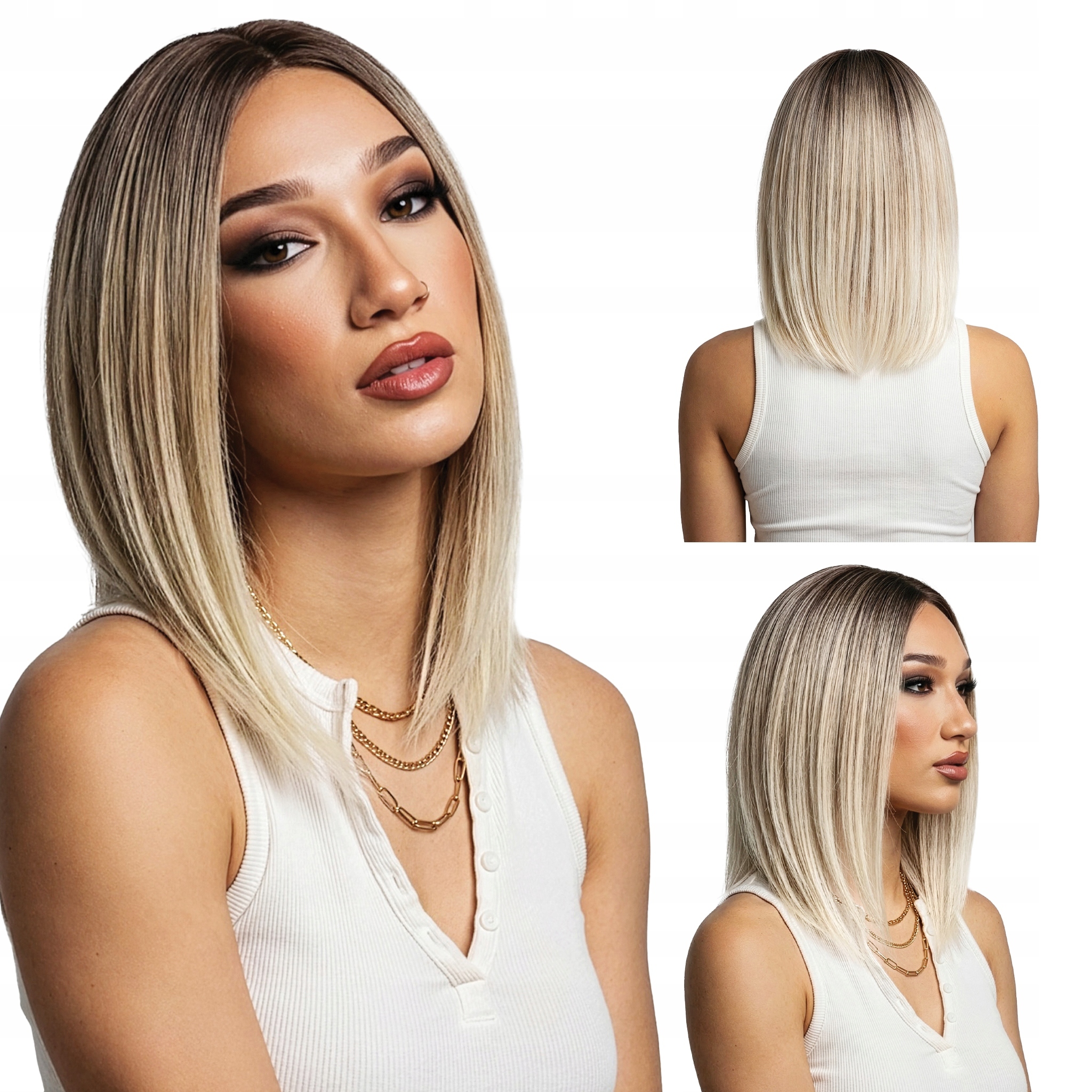 Syntetická paruka Bez Ofinky krátká bob ombre hnědá blond světlé konce