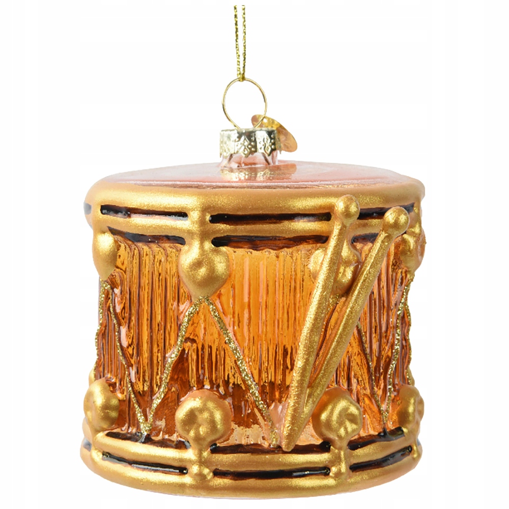 Zlatá skleněná vánoční koule, přívěsek, hudební tvarovka, buben, 8 cm