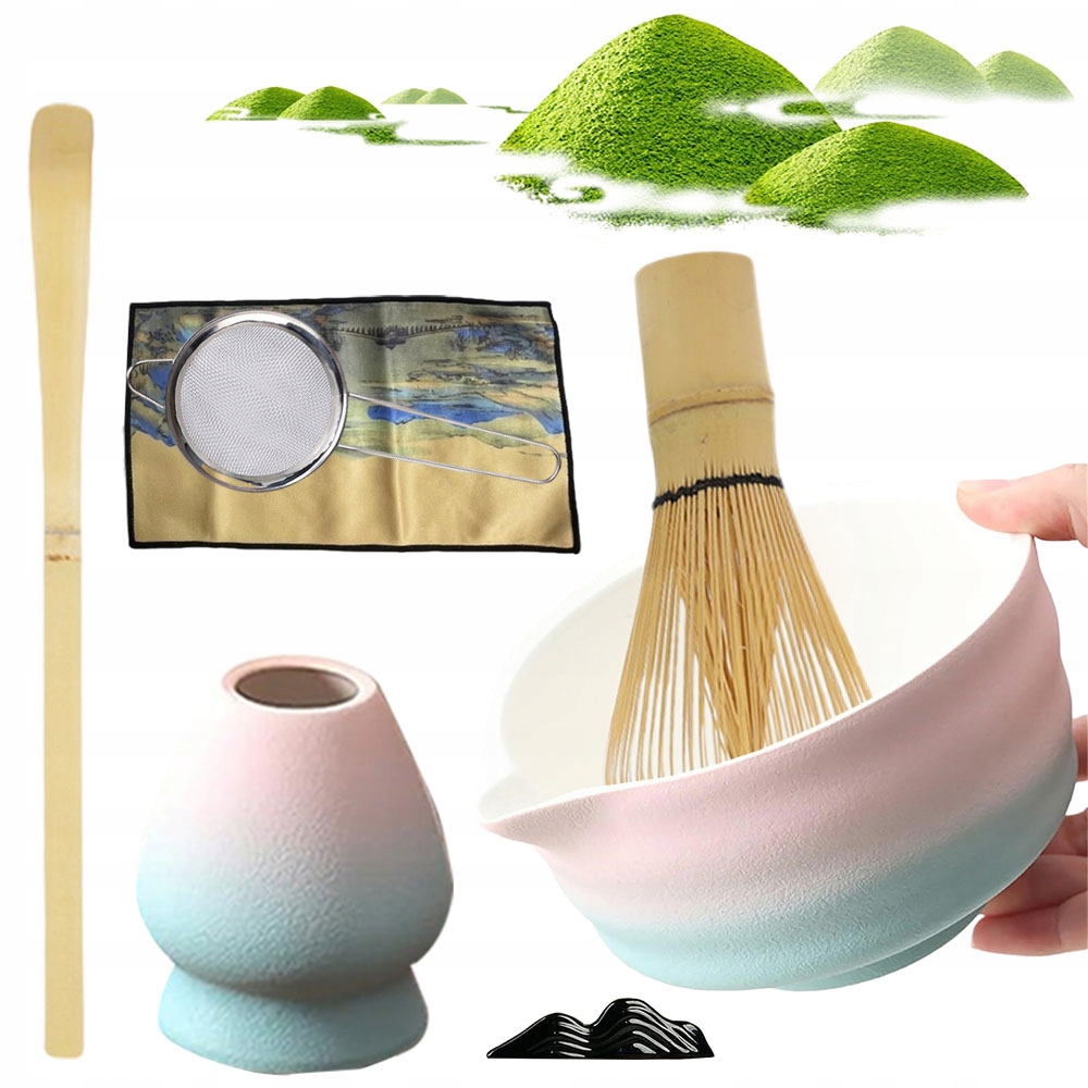 Levně Sada Matcha Miska, Šlehací metla, Lžíce, Sítko, Ručník Růžový Gradient