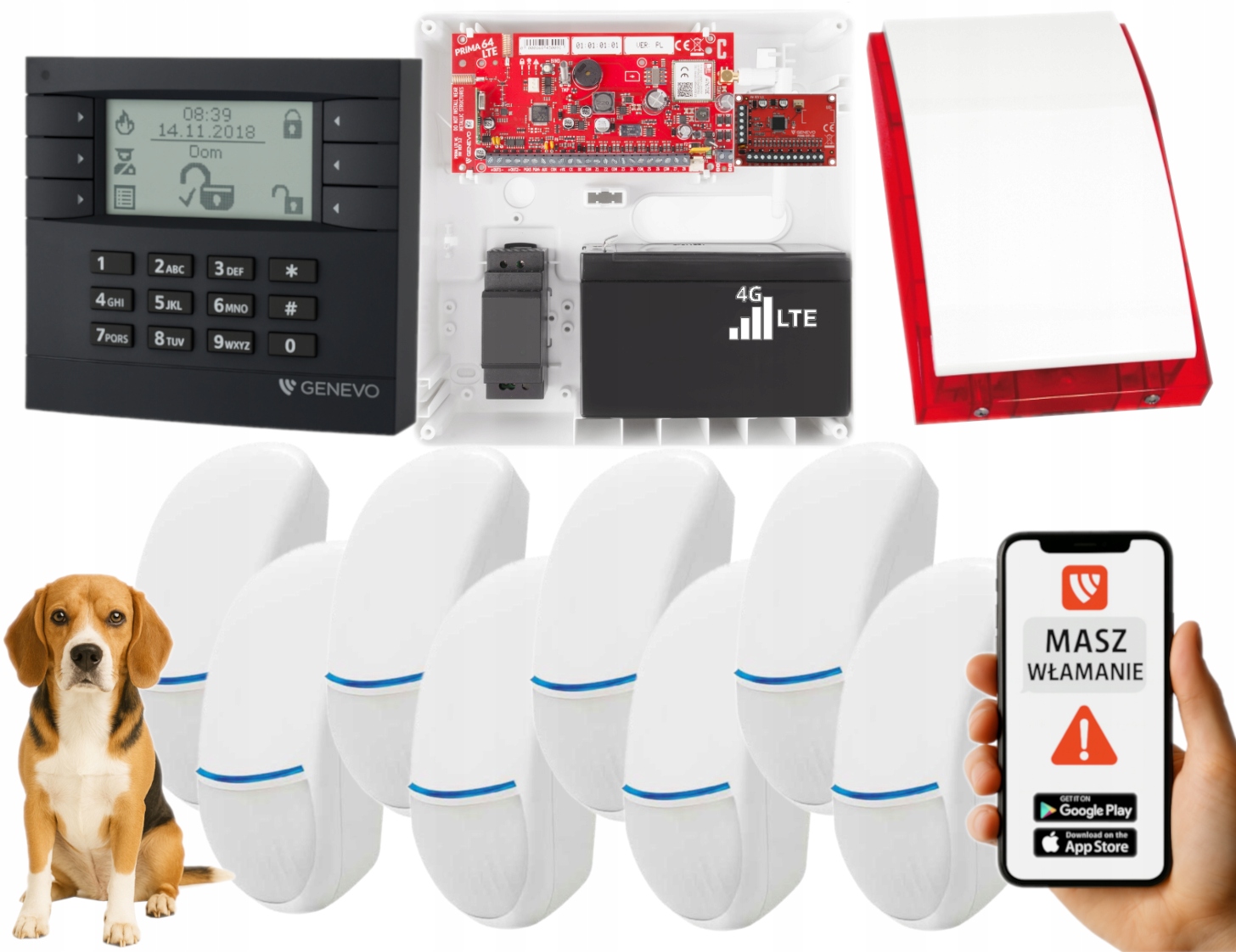 System Alarmowy Genevo PRiMA64LTE Wl Gsm Panel LCD 8 Czujek Bingo Aplikacja