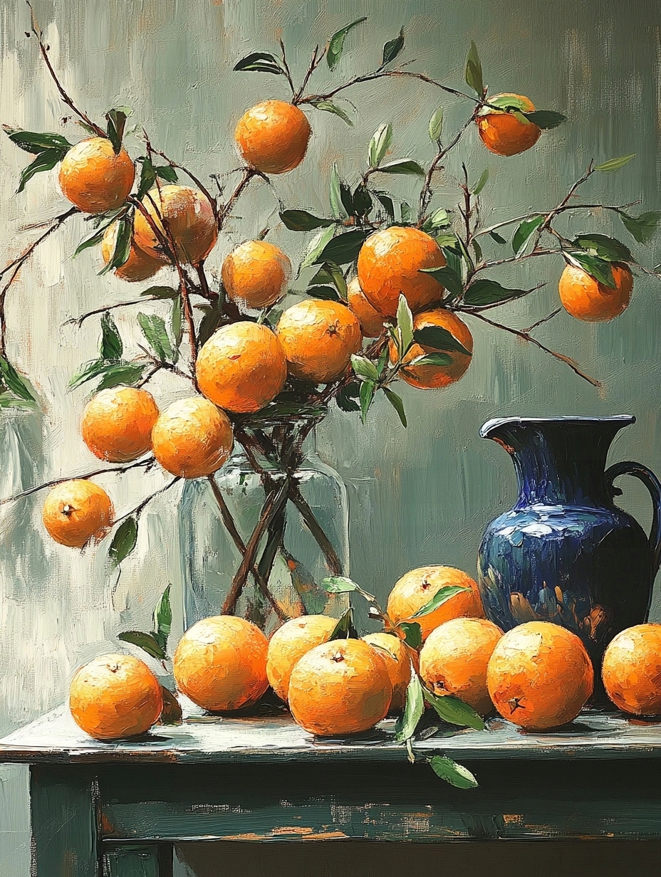 Obraz Na Plátně Canvas Dekorace Váza Pomeranče Mandarinky Džbán 60x80