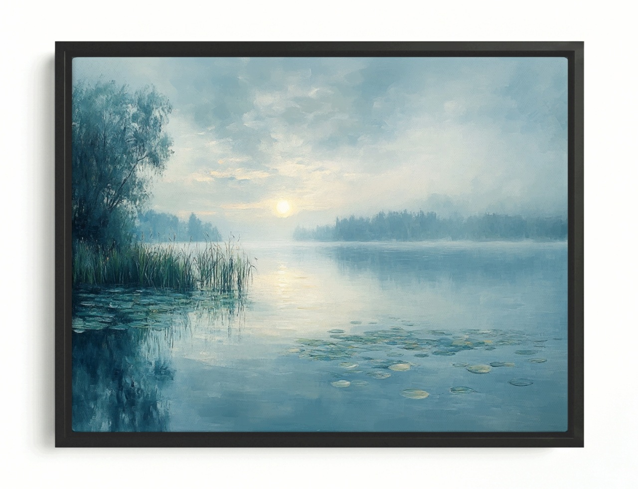 Obraz Rám Americký Box Krajina Jezero Stromy Slunce Východ Mlha 80x60