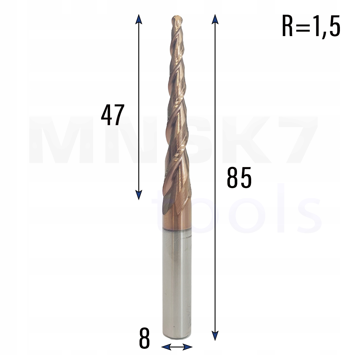 Frez stożkowy kulowy 3D 8 x 47 x 85 R1.5 HRC55 3.04°