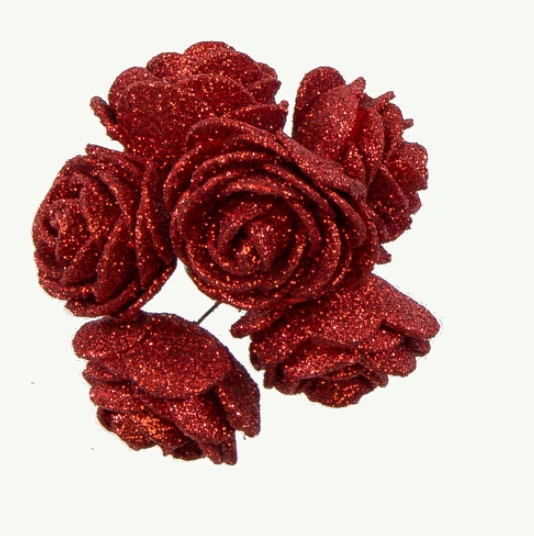 Piankowe różyczki 3cm RUBINOWE brokatowe 12 szt