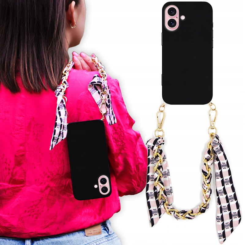kryt na iPhone 16 Puzdro Matné Matné Čierne Retiazka Charms Stuha