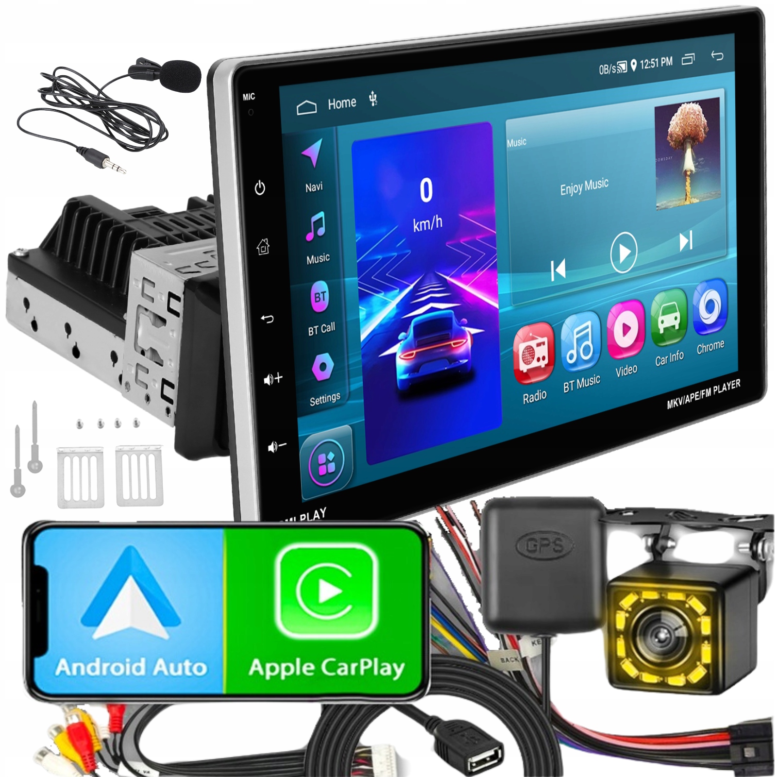 RADIO SAMOCHODOWE 1DIN 9'' CARPLAY ANDROID WIFI FM GPS 2GB RAM DOTYKOWE ...