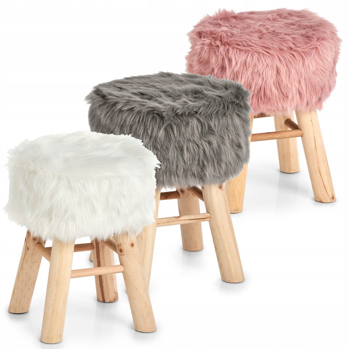 STOŁEK FUTRZANY MIĘKKI TABORET RÓŻOWE FUTRO ZELLER Kolor mebla sosna