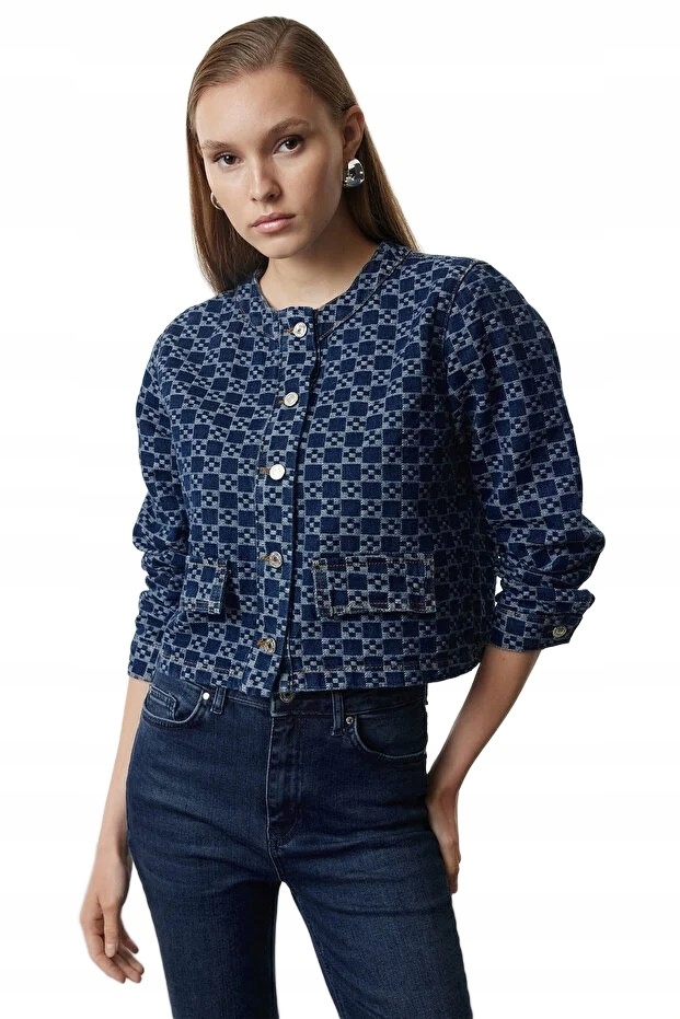 Trendyol Krátká Dámská Kostkovaná Džínová Bunda Bez Kapuce M 5EA