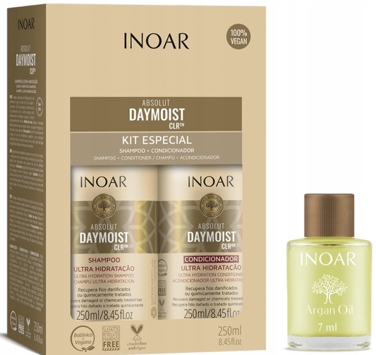 Inoar Absolut Daymoist szampon odżywka po keratynie 2x250ml olejek 7ml